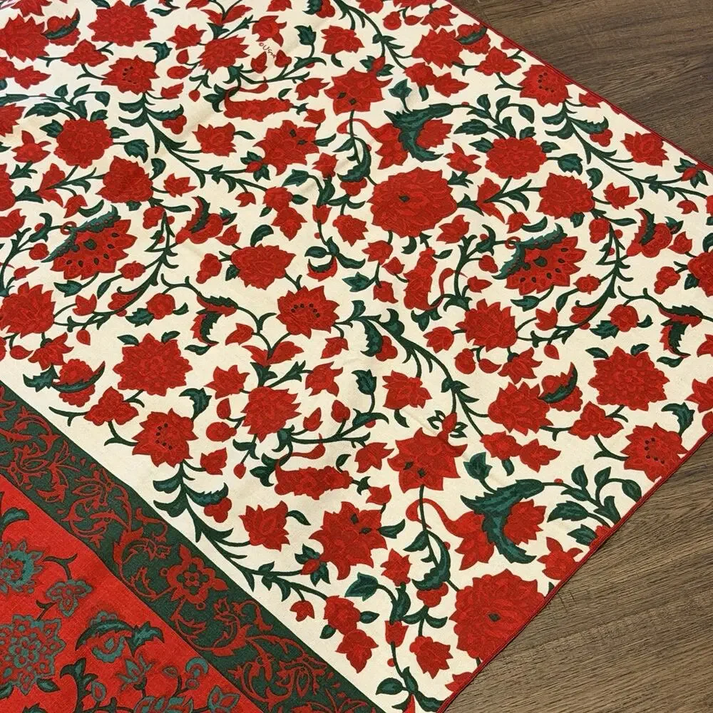 Vintage Vera Neumann Red Green Christmas Floral Linen Tablecloth 70s 64x84